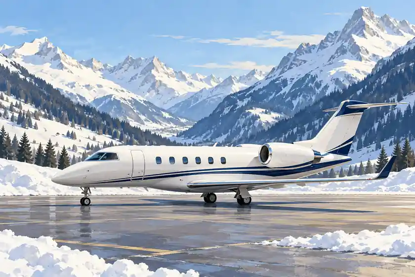 Original imagined illustration of a business jet on a snow-framed apron in an Aspen-region mountain valley.