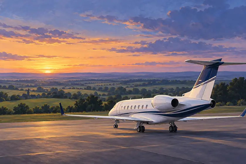 Original imagined illustration of a business jet overlooking layered Kent countryside at dusk.