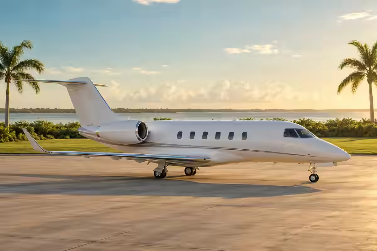 AI-generated illustration of a white private jet framed by palms in warm morning light, inspired by Boca Raton.