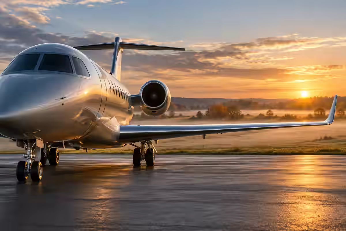 AI-generated illustration of a private jet beside misty autumn countryside, inspired by Chicago's northern suburbs.