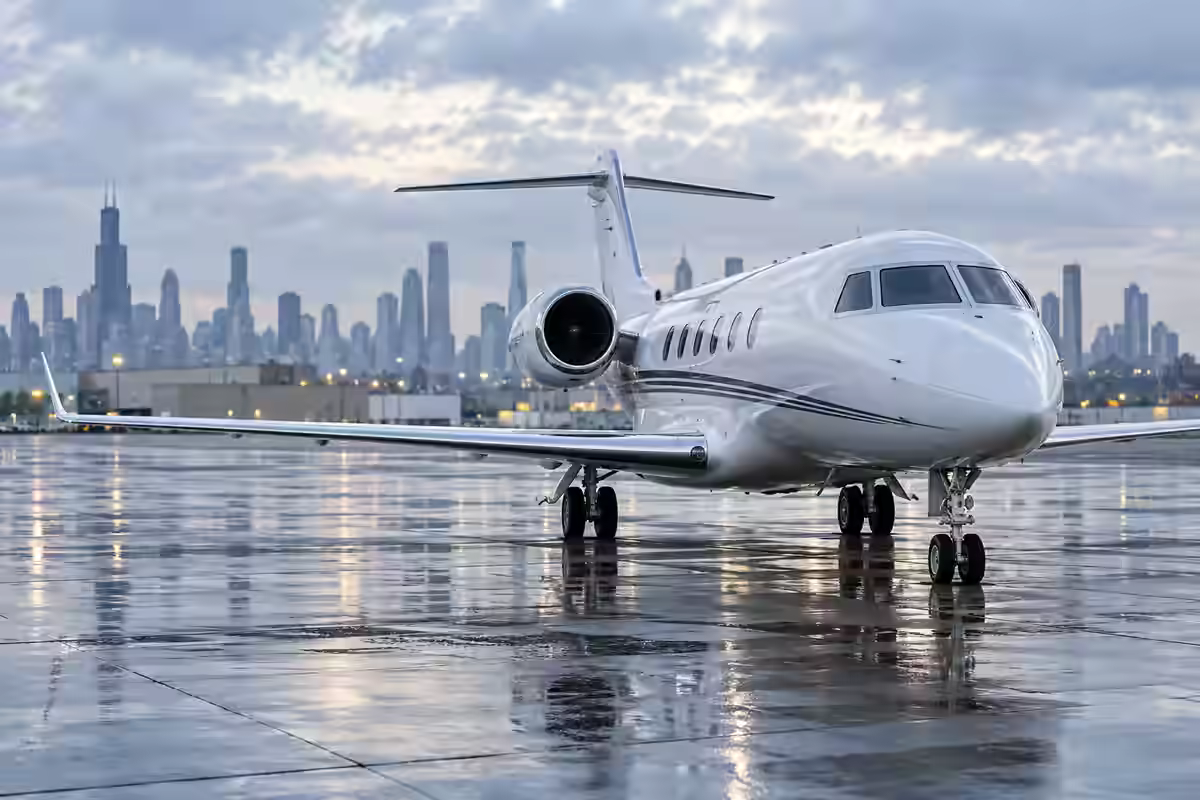 Destination-inspired illustration of a business jet on a rain-slick apron under a Chicago-inspired skyline