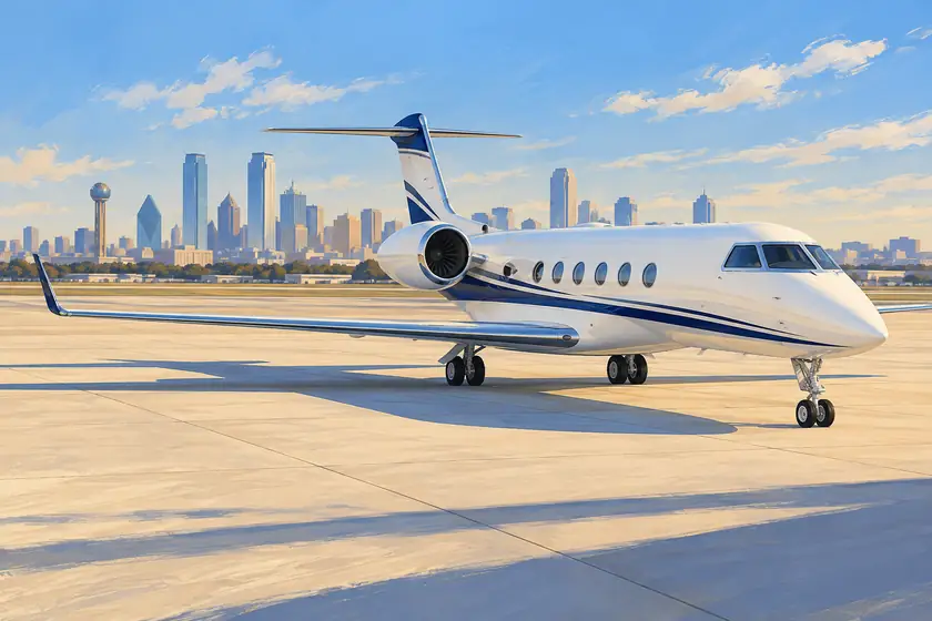 Original imagined illustration of a business jet on a morning apron with a distant Dallas-region skyline.