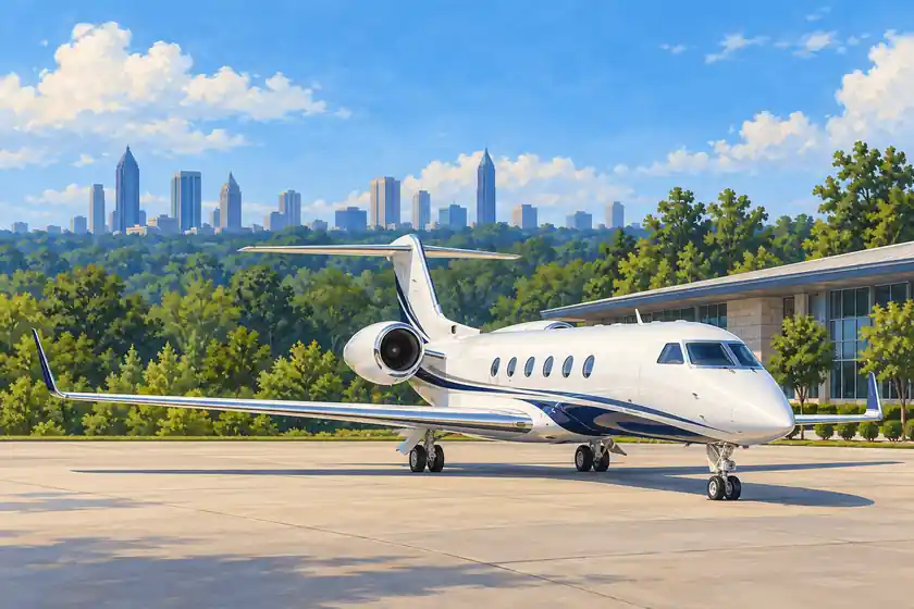 Original imagined illustration of a business jet on a green Atlanta-region apron beside a low modern terminal.
