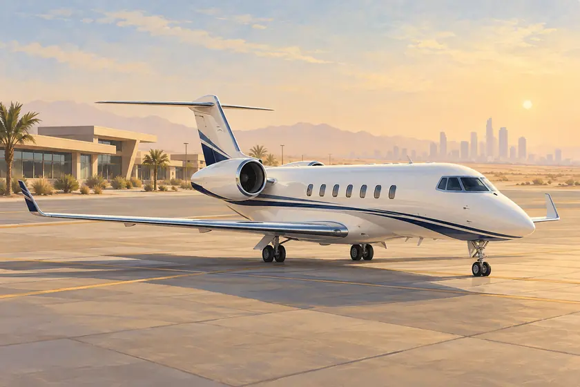 Original imagined illustration of a business jet on a desert apron with a low terminal and hazy distant towers.