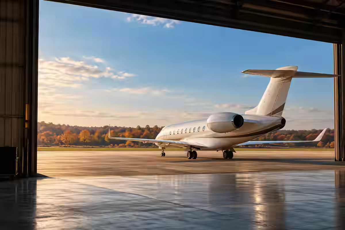Destination-inspired illustration of a private jet viewed from a hangar in Virginia autumn light