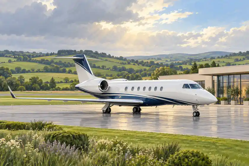 Original imagined illustration of a business jet beside a low terminal amid rolling green English countryside.