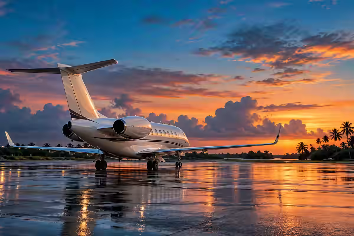 AI-generated illustration of a private jet on a wet tropical apron at sunset, inspired by Fort Lauderdale.