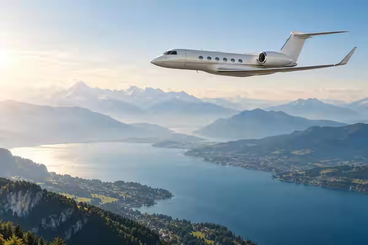 AI-generated illustration of a private jet above an alpine lake and layered mountains, inspired by Geneva.