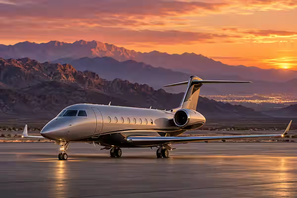 Destination-inspired illustration of a silver private jet against Nevada desert mountains at sunset