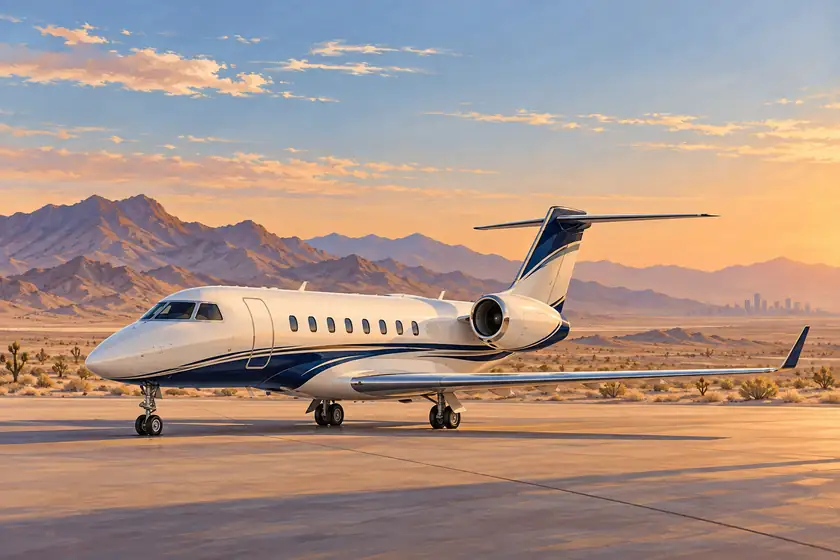 Original imagined illustration of a business jet beside Mojave desert terrain and mountains near the Henderson region.