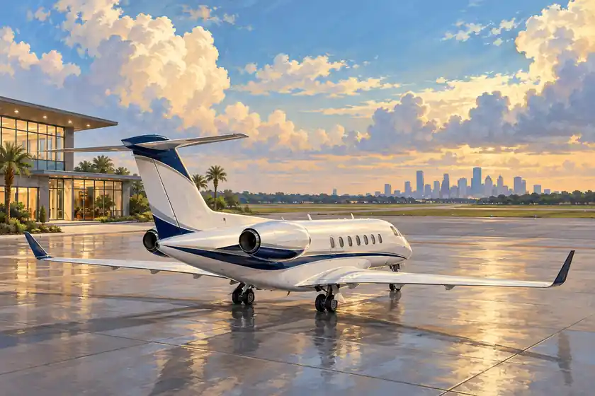 Original imagined illustration of a business jet beneath a humid Gulf sky near a glass terminal and distant Houston-region skyline.