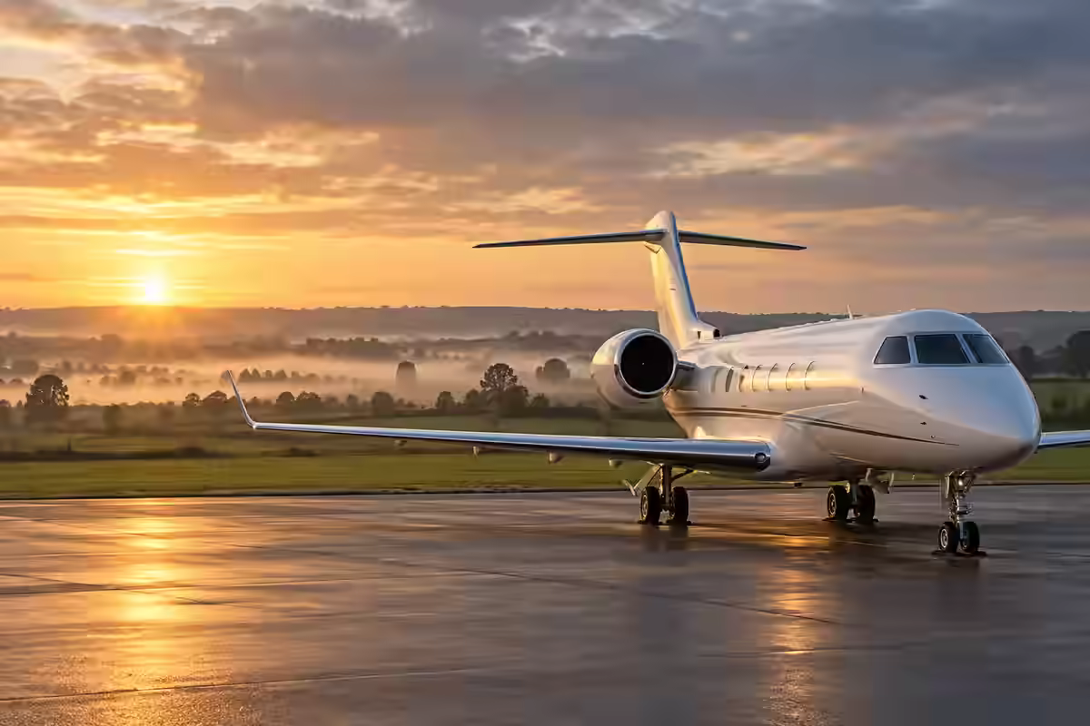 AI-generated illustration of a private jet at sunrise beside misty English countryside, inspired by London Luton.