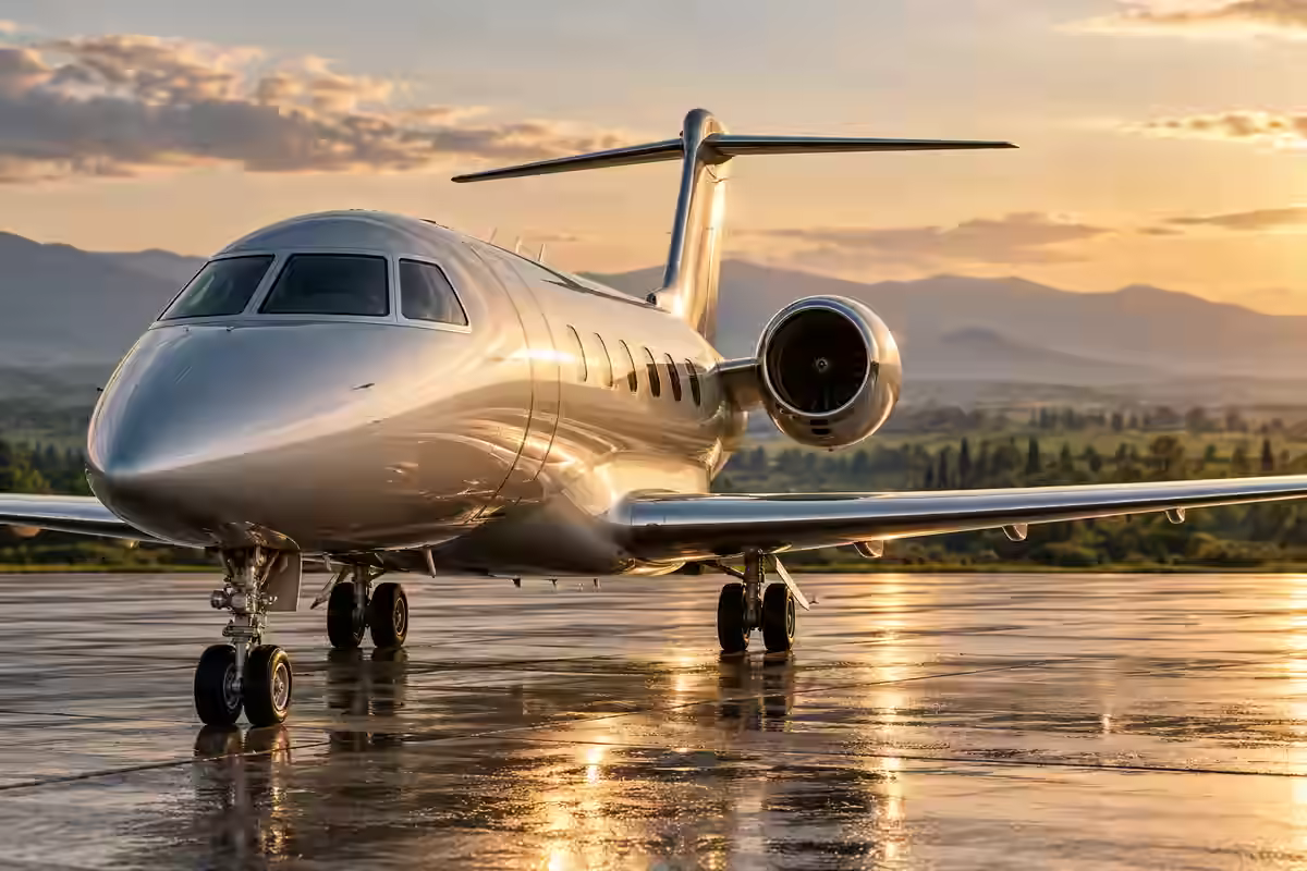 AI-generated illustration of a silver private jet on a reflective apron in warm light, inspired by Milan.