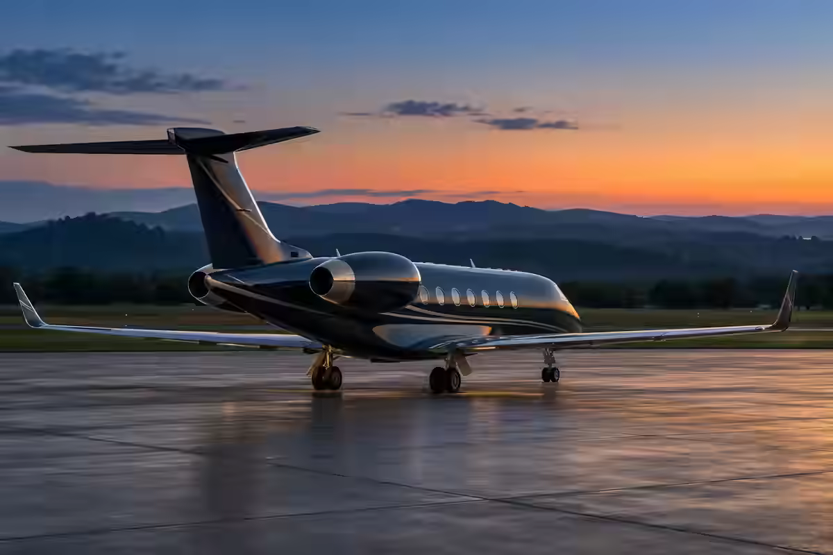 Destination-inspired illustration of a private jet on a quiet Nashville-area apron at blue hour