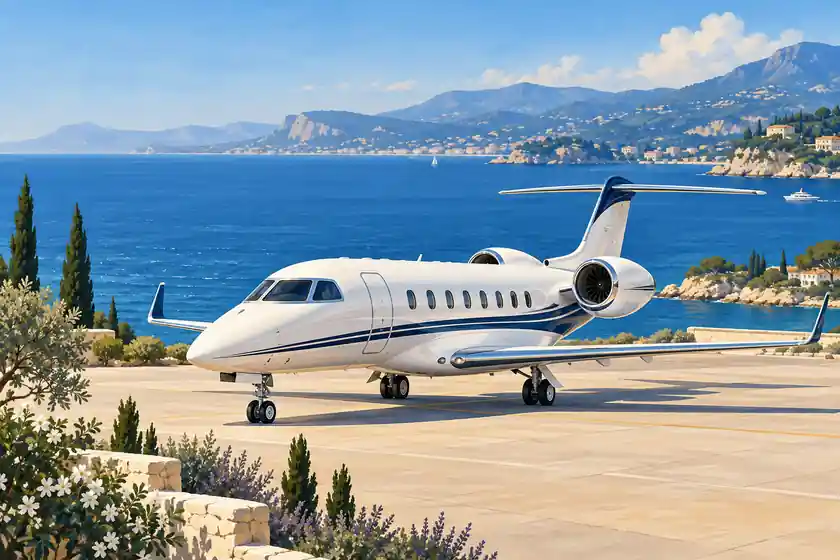 Original imagined illustration of a business jet on a Mediterranean coastal apron with blue sea and Riviera hills.