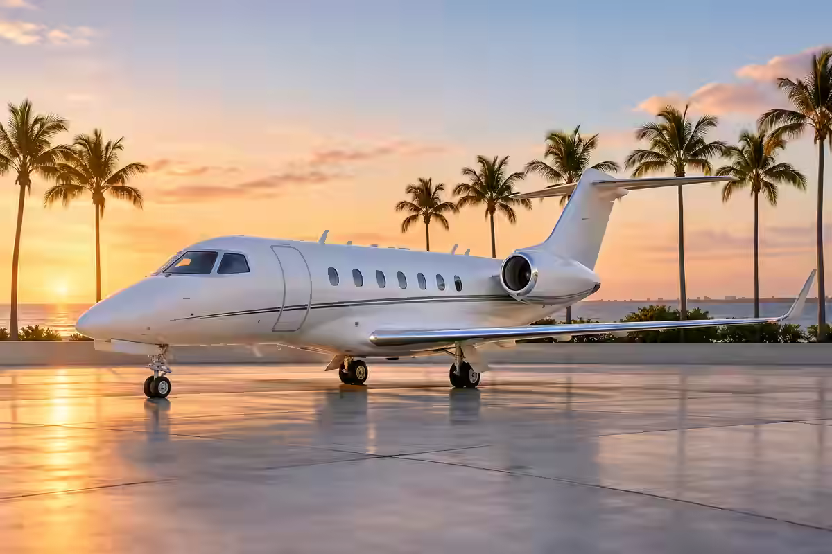 Destination-inspired illustration of a white private jet in warm Palm Beach morning light
