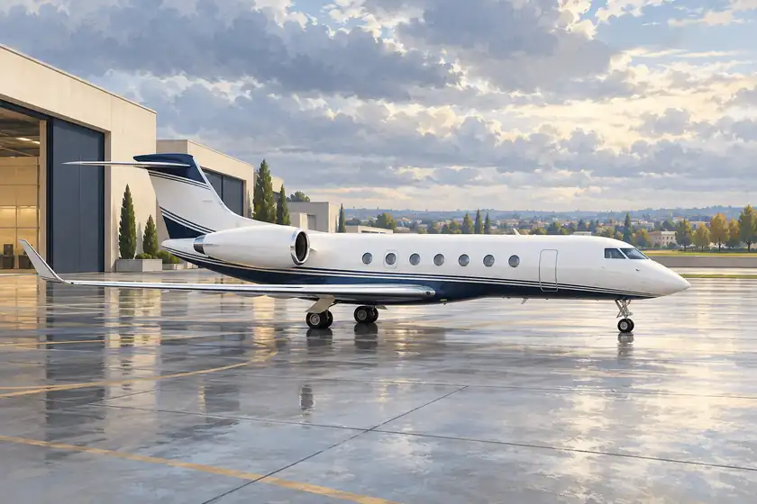 Original imagined illustration of a business jet near a refined hangar beneath a cloudy Paris-region sky.
