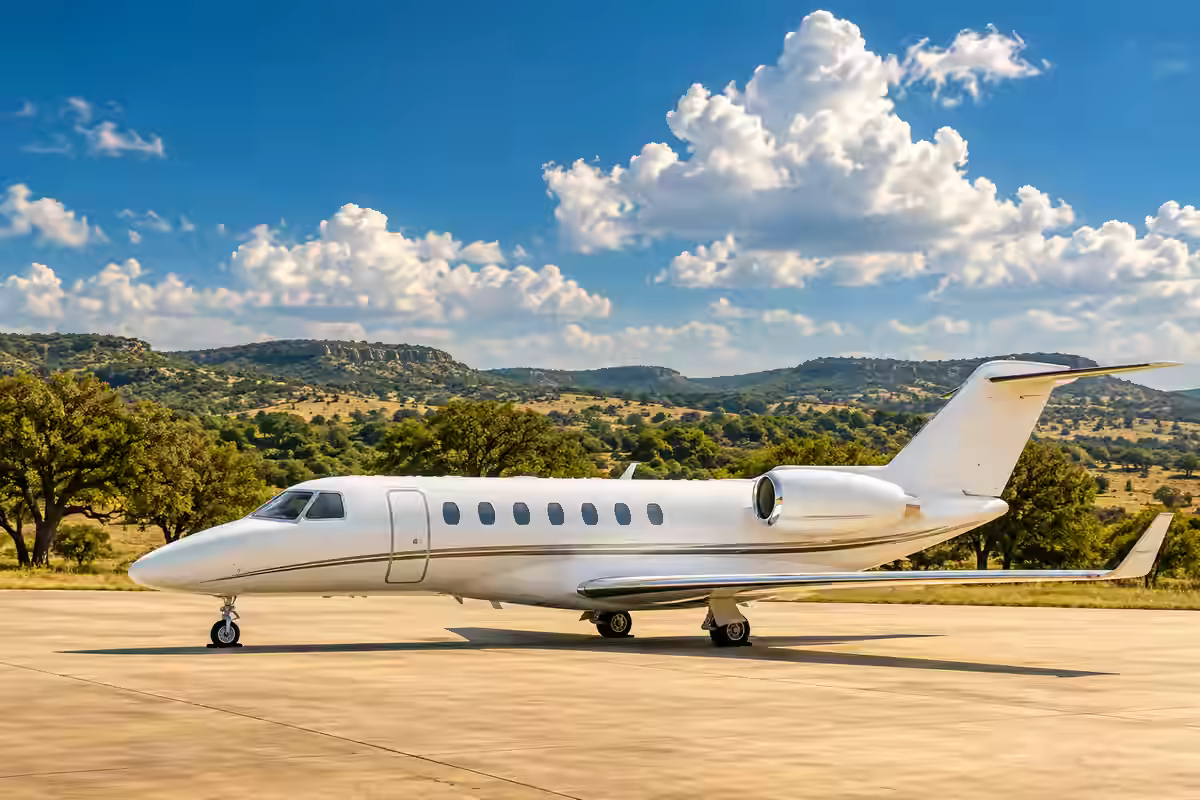 AI-generated illustration of a white private jet against live oaks and Texas Hill Country, inspired by San Antonio.