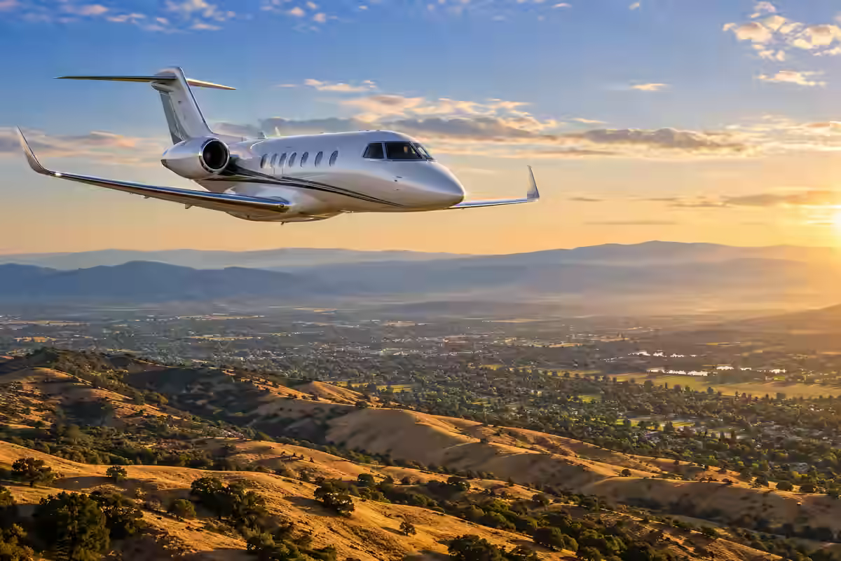 AI-generated illustration of a private jet above golden hills and a broad valley, inspired by San Jose.
