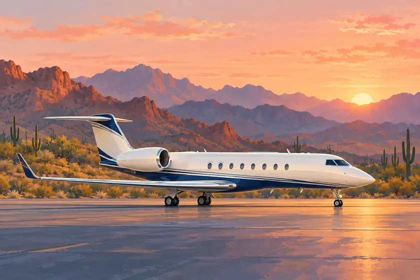 Original imagined illustration of a business jet against Sonoran desert mountains and saguaro at sunrise.