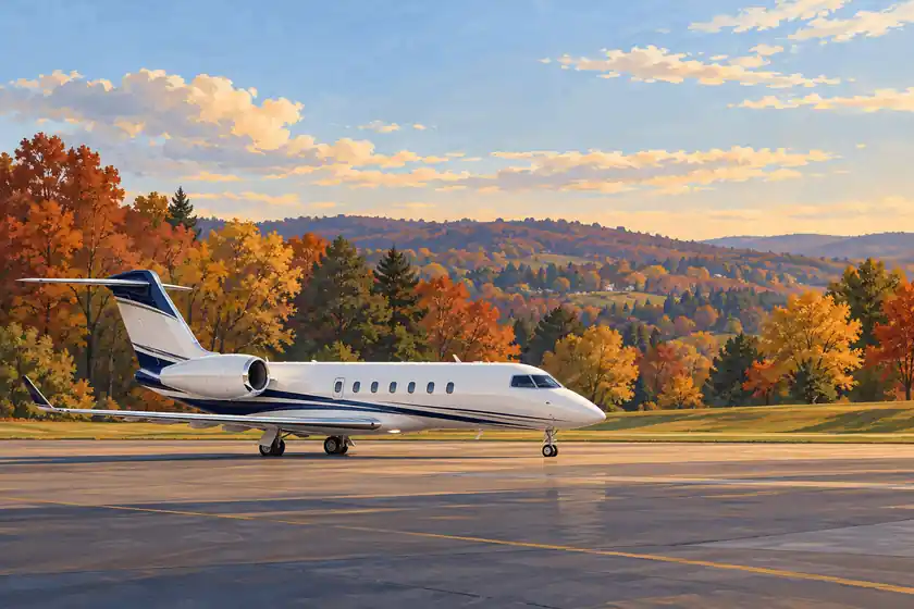 Original imagined illustration of a business jet on an autumn apron with tree-lined Westchester-region hills.