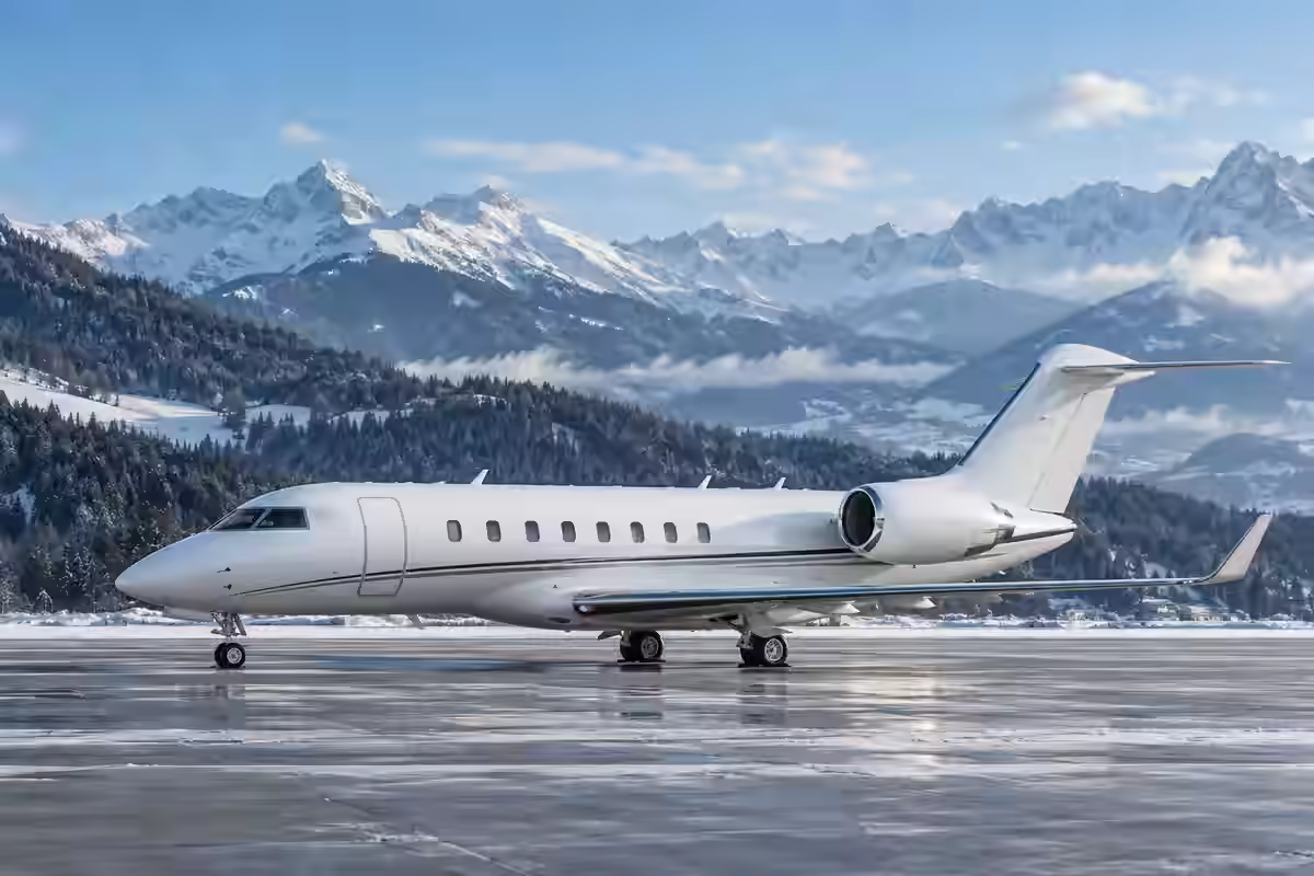 AI-generated illustration of a private jet with a snowy alpine landscape, inspired by Zurich.