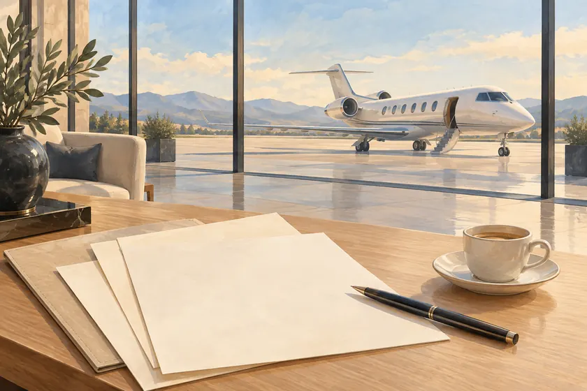 Original illustration of blank itinerary papers, a pen and coffee on a desk with a private jet beyond terminal glass.
