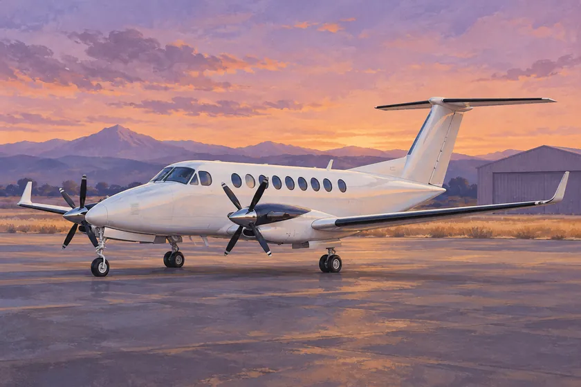 Original illustration of a King Air 350-like turboprop with two wing-mounted propellers and a T-tail at sunset.