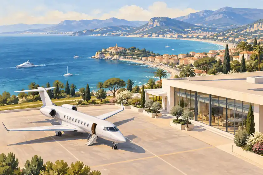 Original illustration of a private jet beside an elegant terminal overlooking the French Riviera.