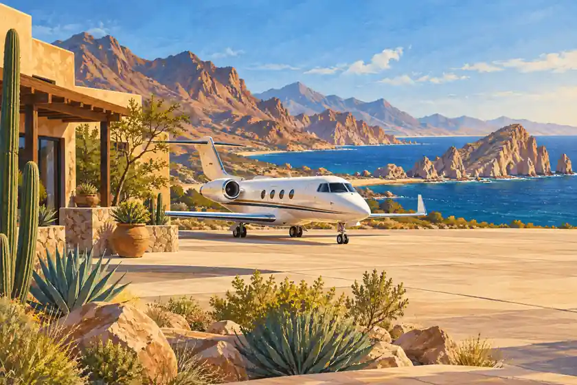 Original illustration of a private jet beside an ochre terminal, Baja desert mountains and blue coastal water.