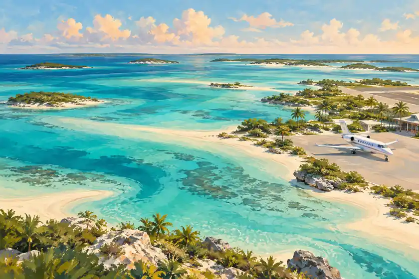 Original illustration of a private jet at a coastal apron beside turquoise water and low Caribbean islands.