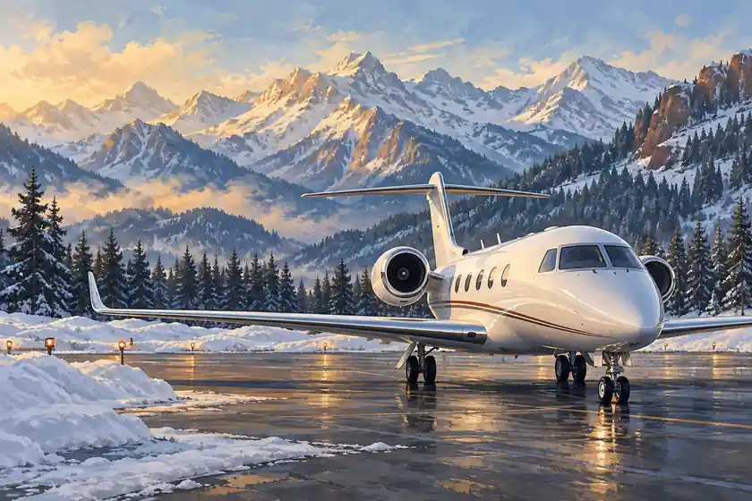 Original illustration of a private jet on a snowy apron beneath Rocky Mountain peaks.