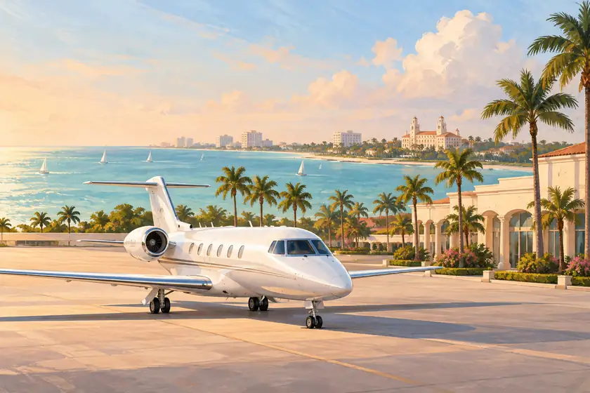 Original illustration of a private jet on a palm-lined apron overlooking a sunlit Florida coastline.