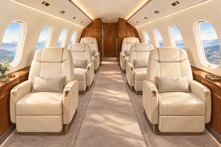 Original illustration of six empty cream passenger seats arranged in three pairs along a private aircraft cabin aisle.