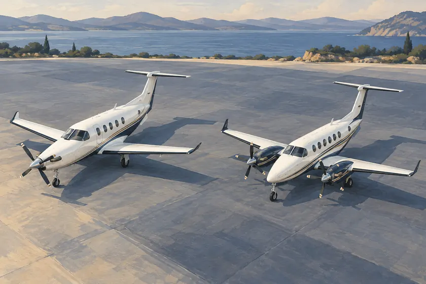 Original illustration of a single-engine nose-propeller turboprop and a twin-engine wing-propeller turboprop parked apart.