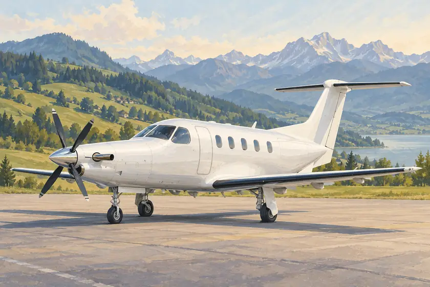 Original illustration of a PC-12-like turboprop with one nose propeller and a T-tail on an Alpine apron.