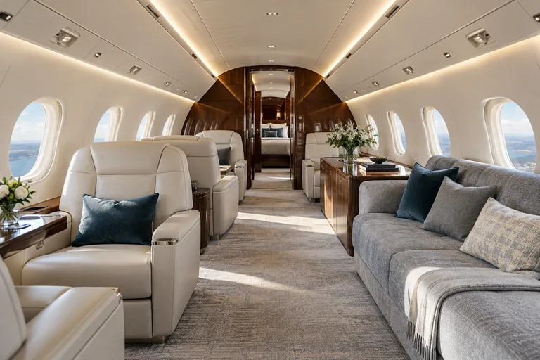 Illustrative large private jet cabin with lounge seating