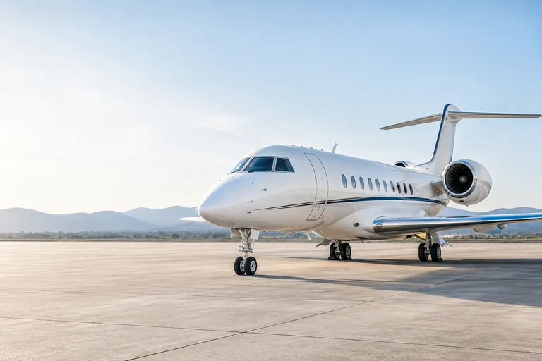 White private jet on an airport apron; illustrative image