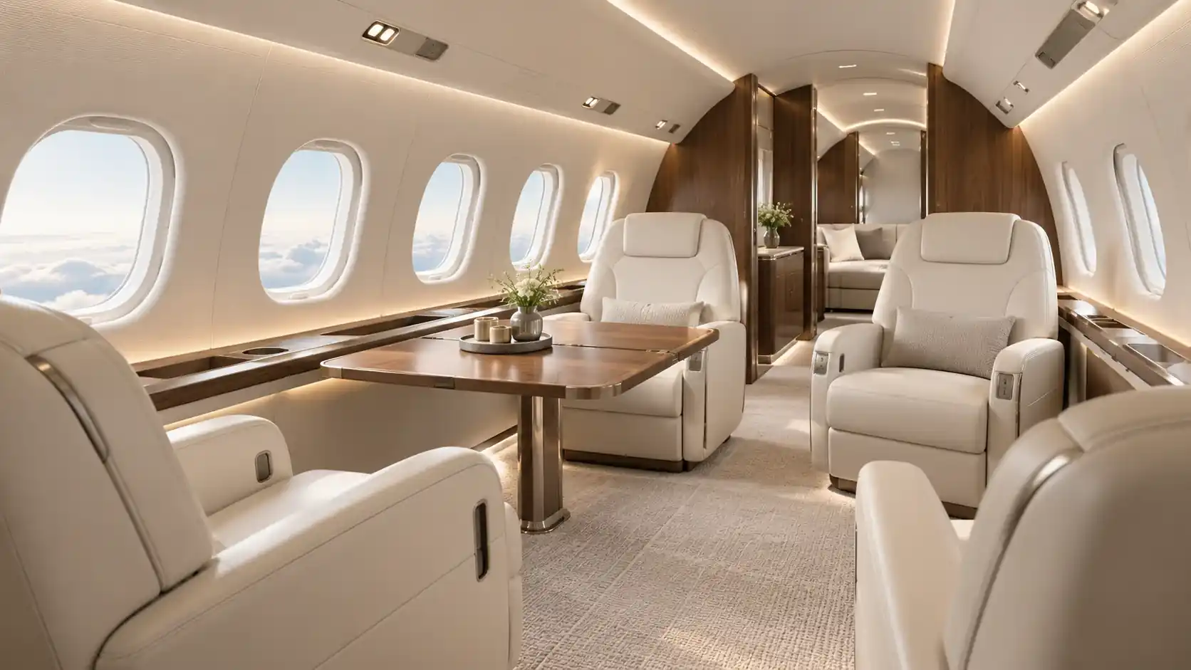AI concept illustration of a spacious generic private jet cabin with cream leather club seats, a walnut table, and oval windows.