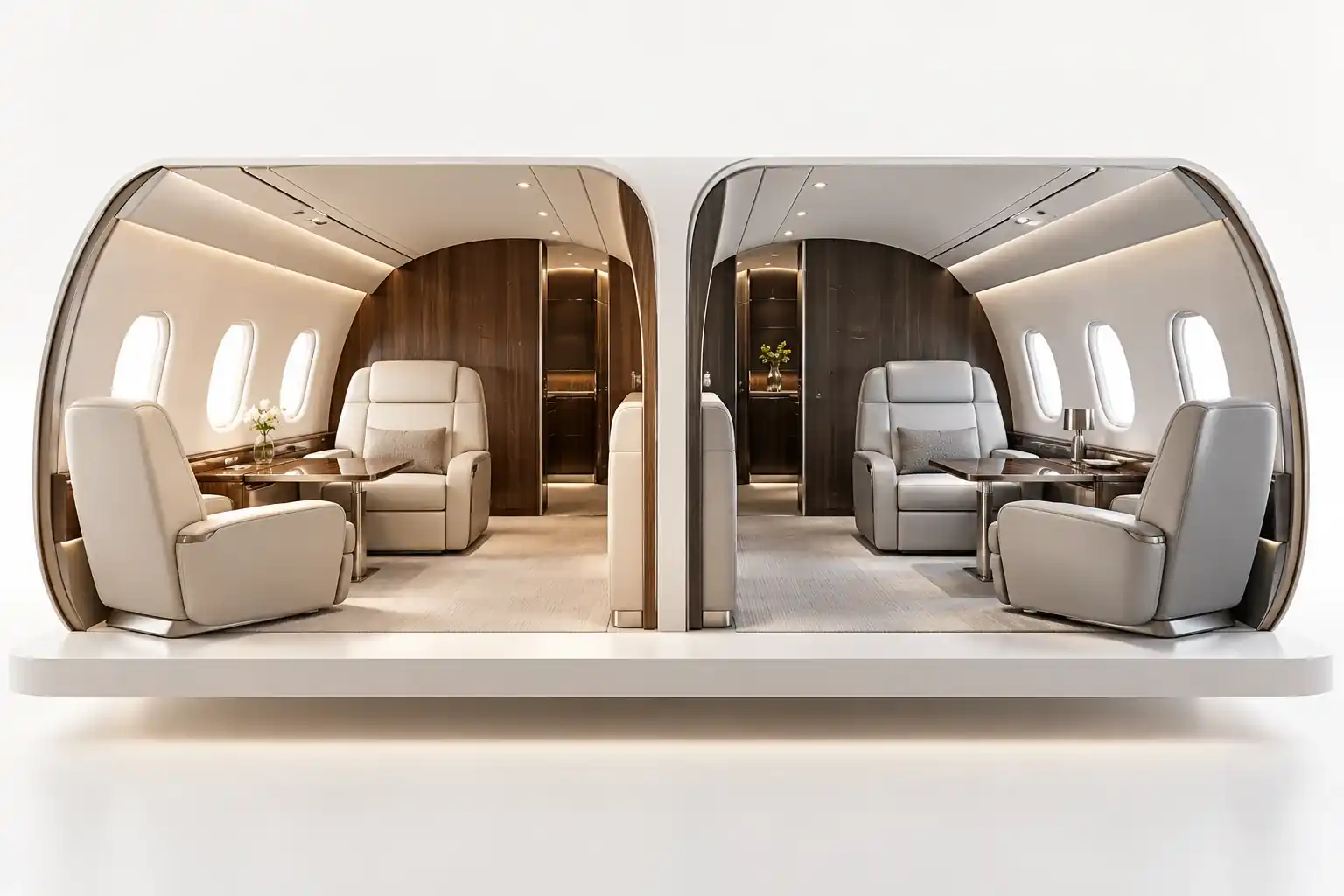 Conceptual editorial illustration of two unbranded private jet cabin designs