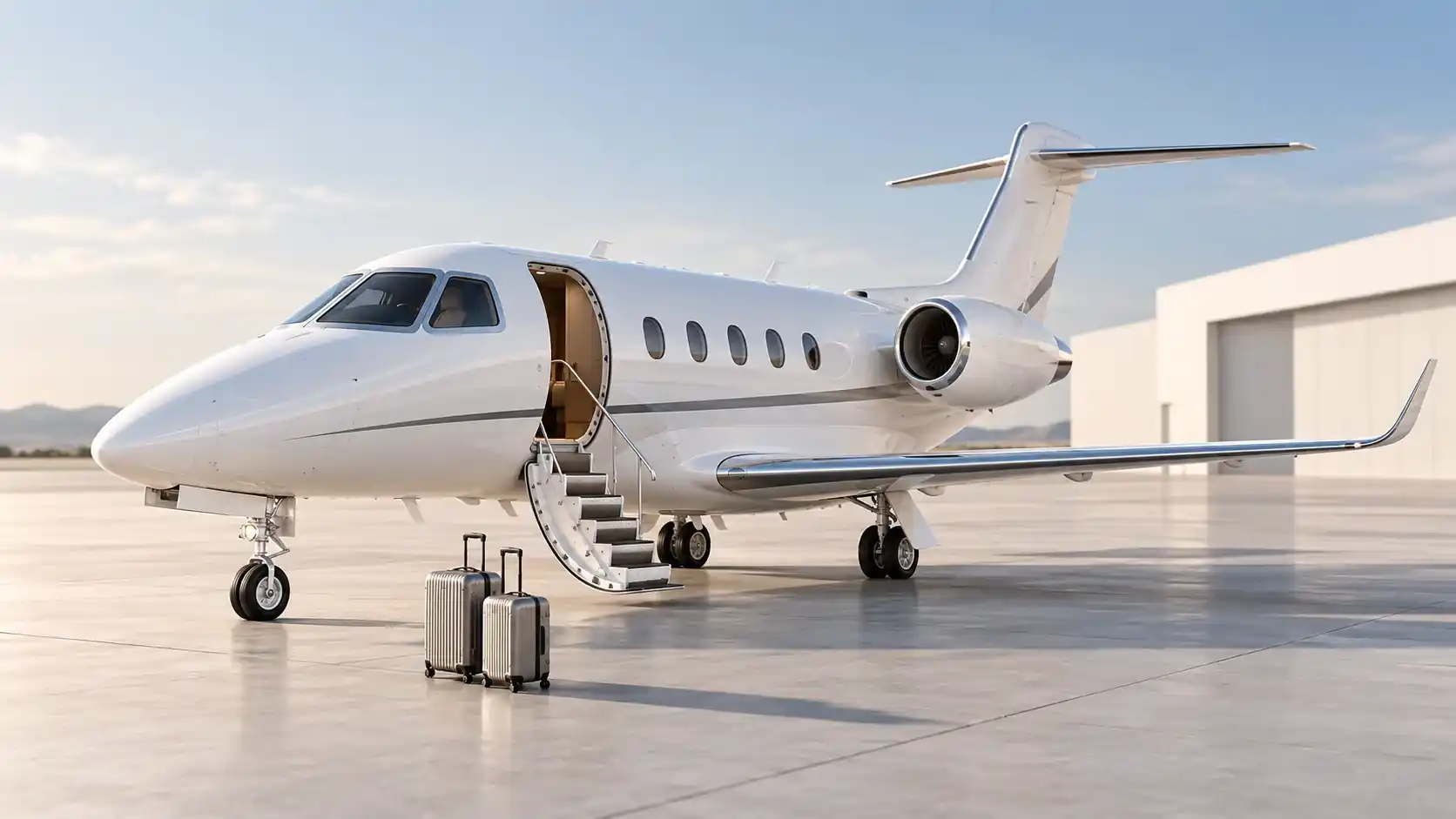 AI concept illustration of a generic light business jet with boarding steps and two carry-on suitcases on a clean airport ramp.