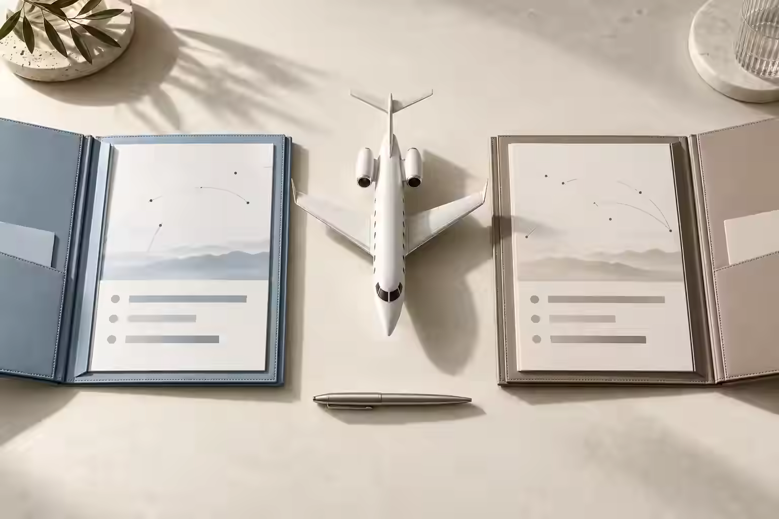 Conceptual illustration of two equally refined private jet charter planning portfolios