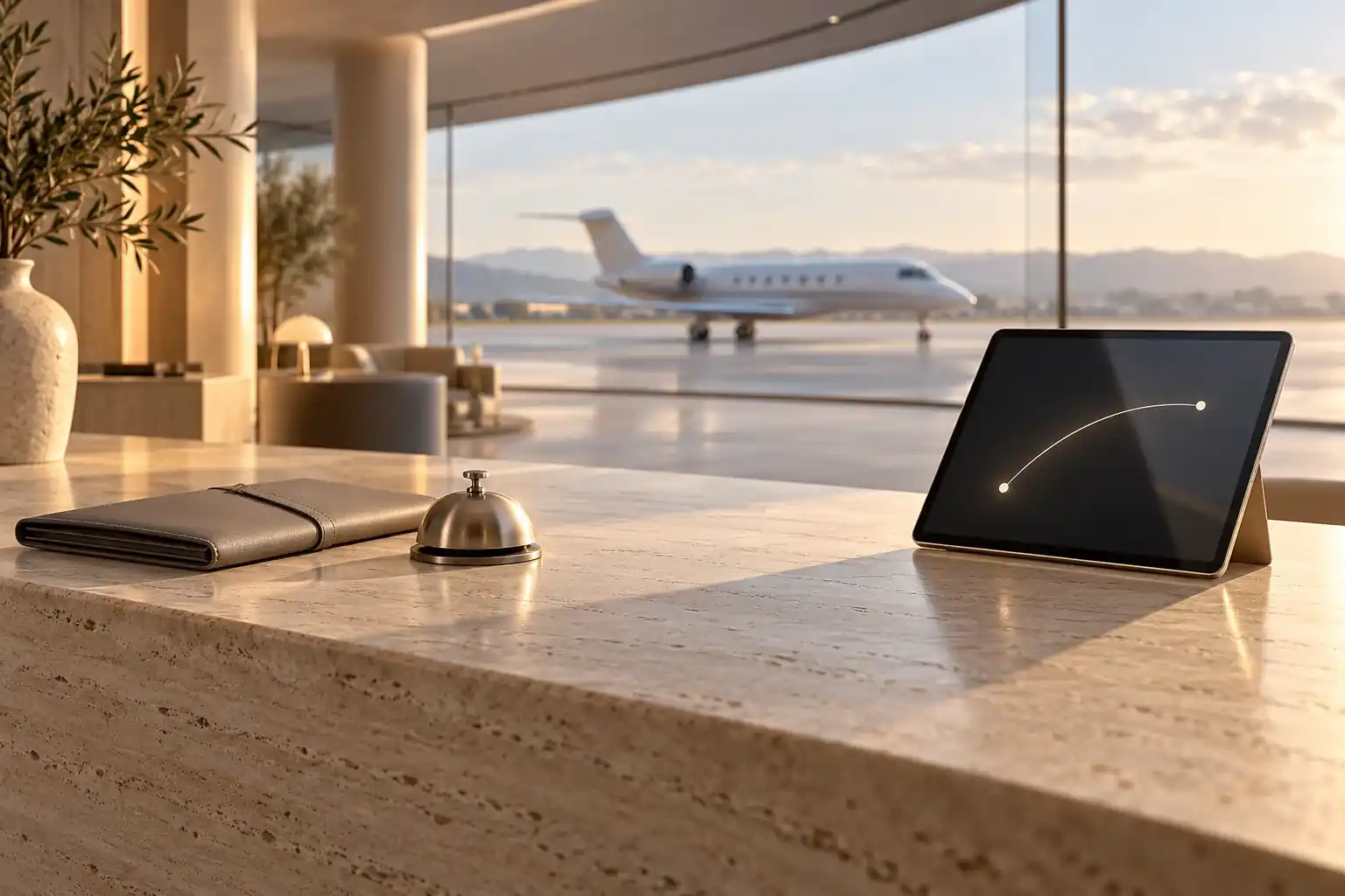 Conceptual illustration of a private aviation concierge setting and digital flight planning