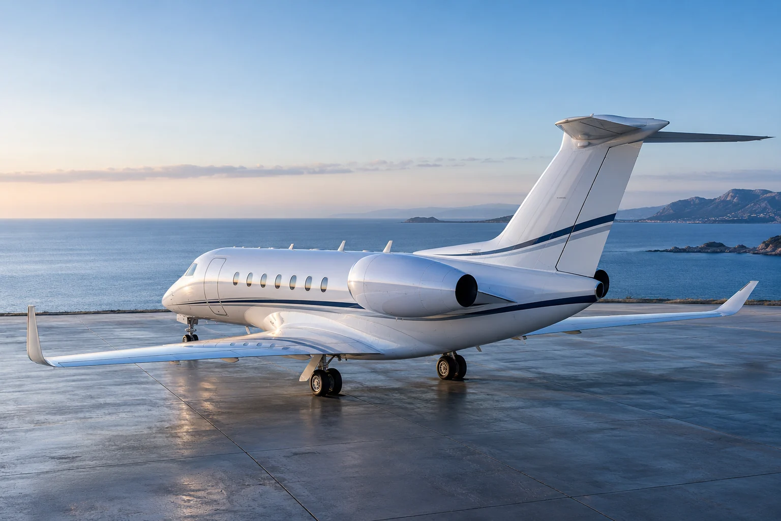White private jet beside the sea in soft morning light.