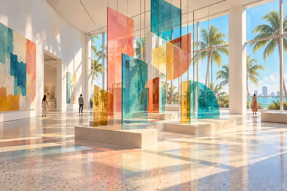Original editorial illustration: An original colorful abstract installation in a bright Miami Beach gallery.