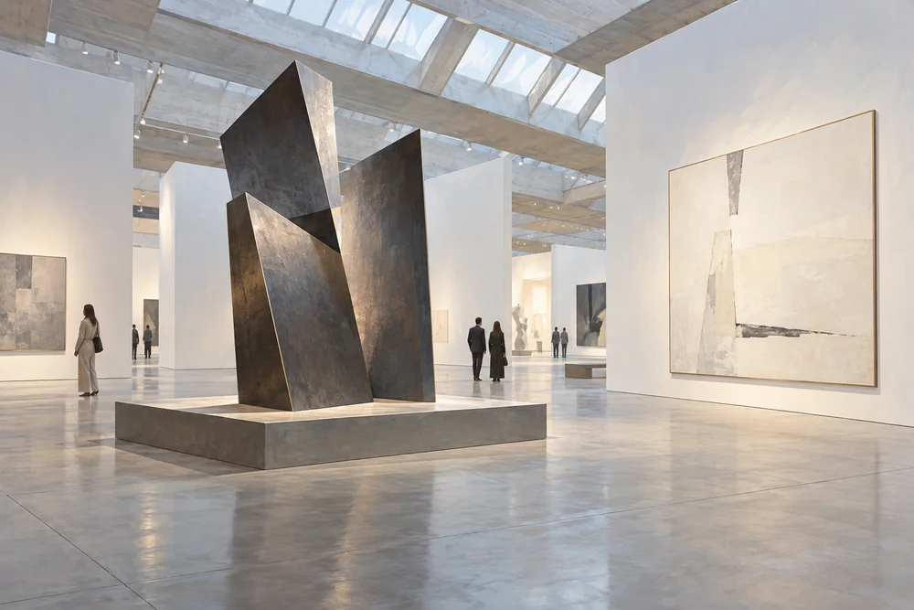 Original editorial illustration: An original folded-metal sculpture in a minimalist Swiss art-fair gallery.