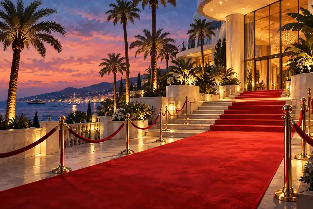 Original editorial illustration: A red carpet and illuminated coastal venue framed by Mediterranean palms at dusk.