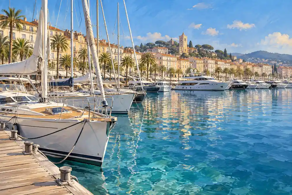 Original editorial illustration: Sailboats and motor yachts beside the palm-lined Cannes waterfront.