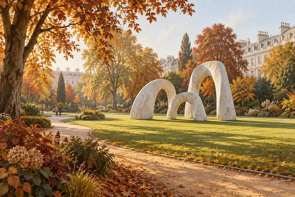 Original editorial illustration: An original abstract stone sculpture in an autumn London park.