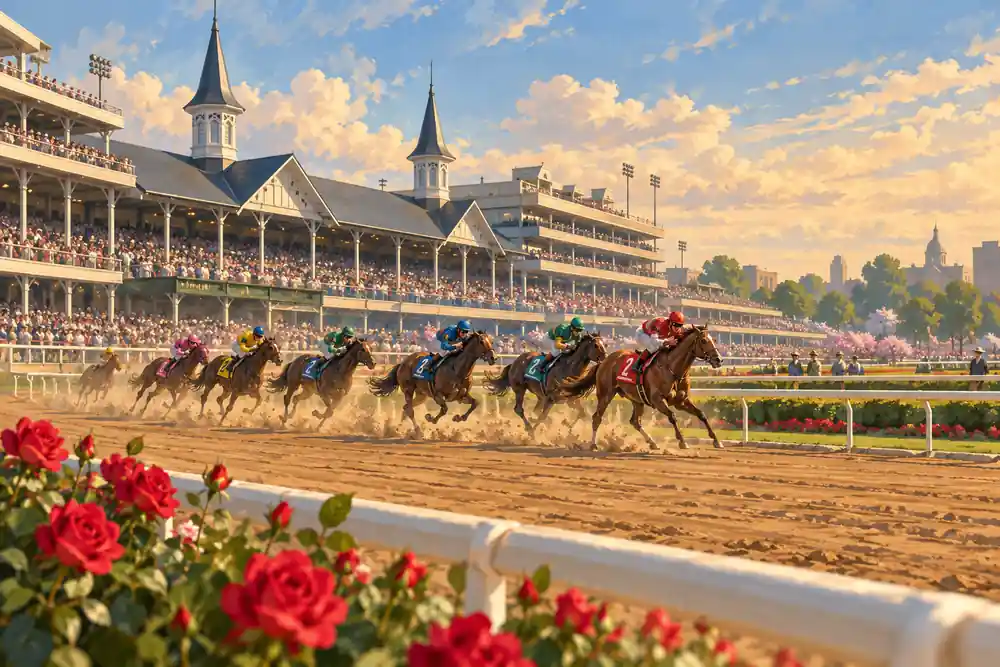 Original editorial illustration: Thoroughbred horses racing past a Louisville grandstand with twin spires.